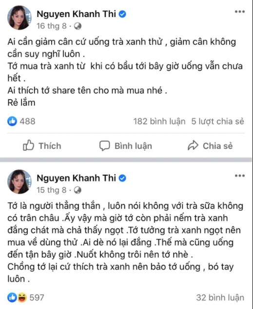 Khánh Thi không hiểu vô tình hay hữu ý nhắc về 'trà xanh' liên tục. Ảnh FBNV Khánh Thi không hiểu vô tình hay hữu ý nhắc về 'trà xanh' liên tục. Ảnh FBNV