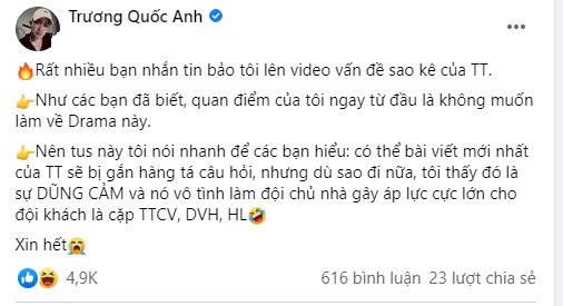 Facebooker Trương Quốc Anh chốt hạ một câu gây tranh cãi về việc sao kê của Trấn Thành 1 Facebooker Trương Quốc Anh chốt hạ một câu gây tranh cãi về việc sao kê của Trấn Thành 1