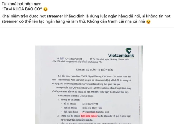 Giải mã 'Tạm khóa báo có' đang hot nhất MXH liên quan đến ồn ào Thủy Tiên - bà Phương Hằng 2 Giải mã 'Tạm khóa báo có' đang hot nhất MXH liên quan đến ồn ào Thủy Tiên - bà Phương Hằng 2