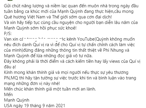 Mạnh Quỳnh bất ngờ cầu xin được buông tha giữa lúc Phi Nhung đang nằm viện. Ảnh FBNV Mạnh Quỳnh bất ngờ cầu xin được buông tha giữa lúc Phi Nhung đang nằm viện. Ảnh FBNV