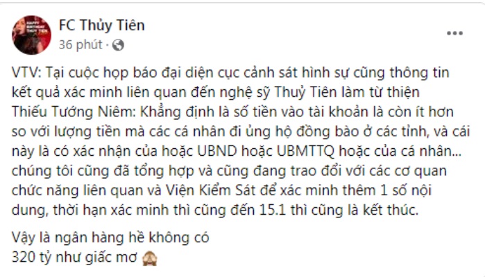 Động thái của phía Thuỷ Tiên - Công Vinh sau khi Bộ Công an thông tin về rà soát hoạt động từ thiện 1 Động thái của phía Thuỷ Tiên - Công Vinh sau khi Bộ Công an thông tin về rà soát hoạt động từ thiện 1