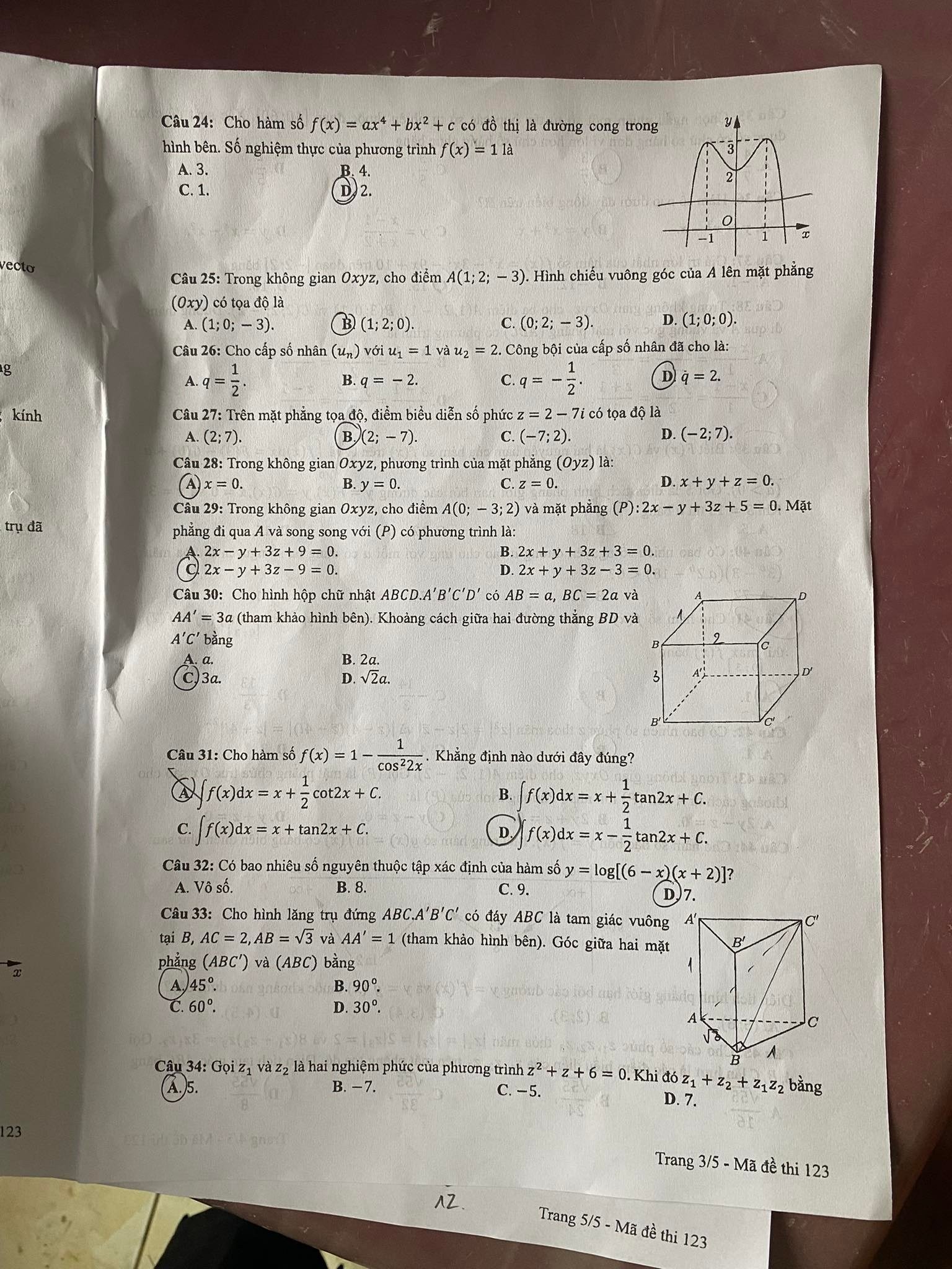 Đáp án đề thi môn Toán mã đề 123 kỳ thi tốt nghiệp THPT Quốc Gia 2022