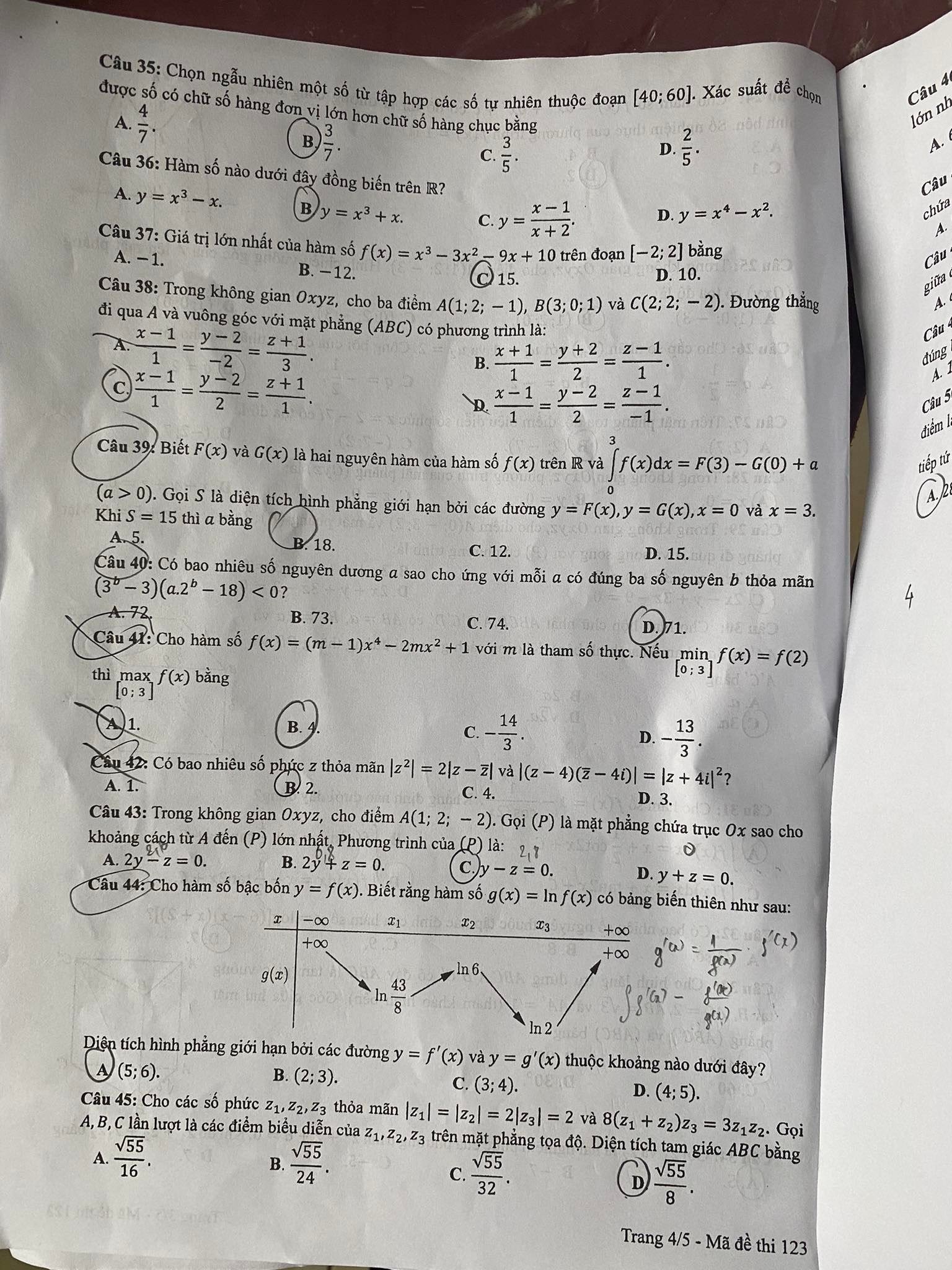 Đáp án đề thi môn Toán mã đề 123 kỳ thi tốt nghiệp THPT Quốc Gia 2022