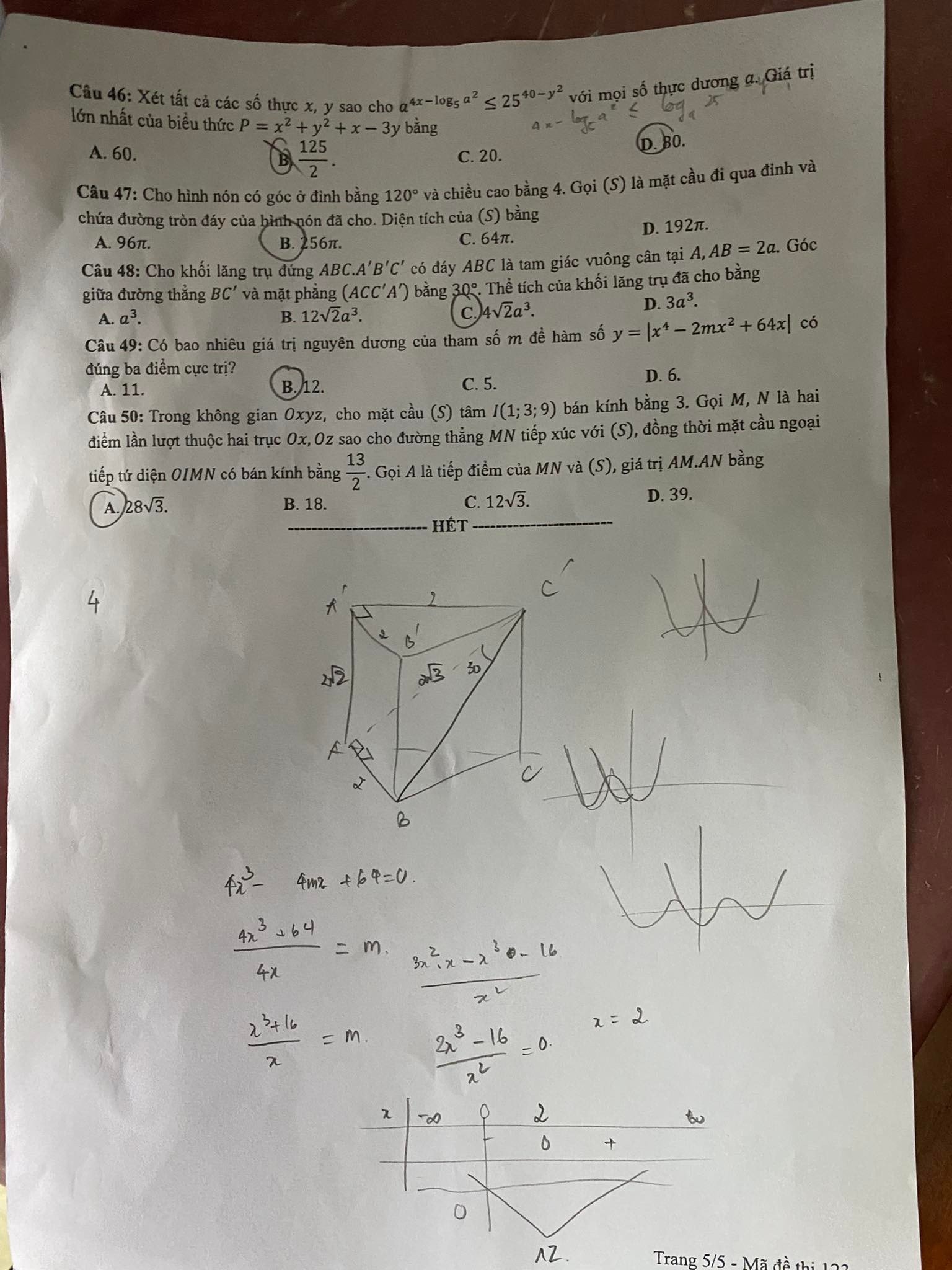 Đáp án đề thi môn Toán mã đề 123 kỳ thi tốt nghiệp THPT Quốc Gia 2022