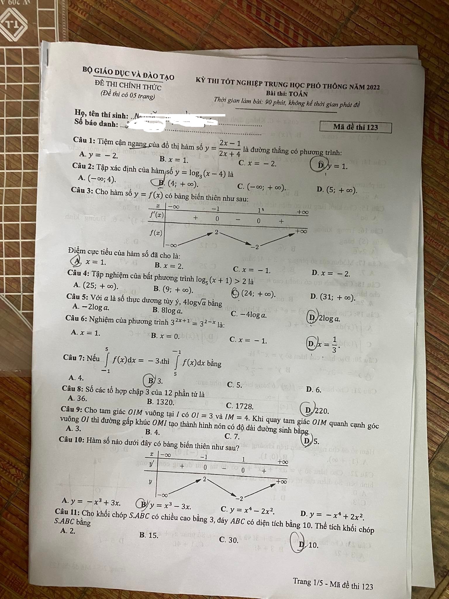 Đáp án đề thi môn Toán mã đề 123 kỳ thi tốt nghiệp THPT Quốc Gia 2022 - Ảnh 1