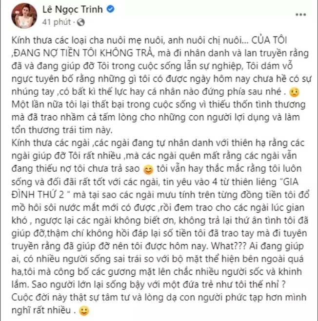 Ngọc Trinh bức xúc dằn mặt đòi nợ 'cha mẹ anh chị nuôi' vì dám chơi xấu sau lưng. Ảnh internet Ngọc Trinh bức xúc dằn mặt đòi nợ 'cha mẹ anh chị nuôi' vì dám chơi xấu sau lưng. Ảnh internet
