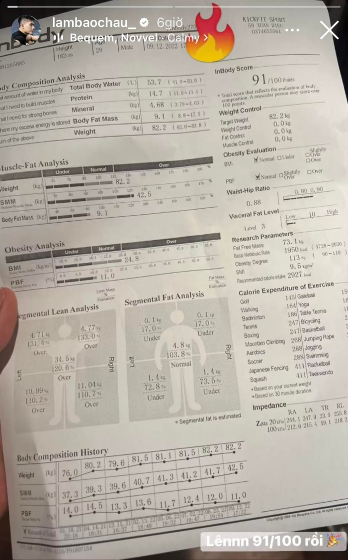 Lâm Bảo Châu không quan tâm đến tin đồn chia tay Lệ Quyên mà khoe thành tích tập luyện của mình. Ảnh internet