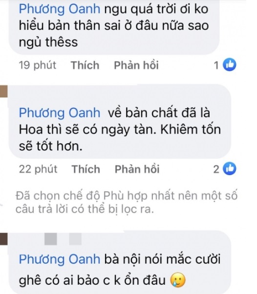 Cư dân mạng phản ứng trước thái độ tự tin của Phương Oanh. Ảnh internet