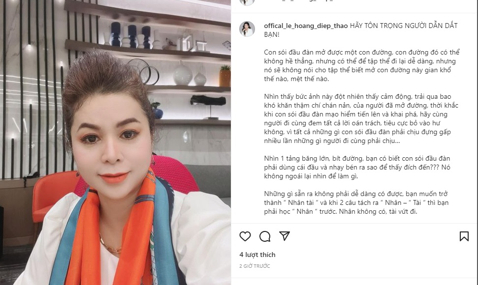 Bà Lê Hoàng Diệp Thảo liên tục có những dòng trạng thái đầy triết lý. Ảnh internet