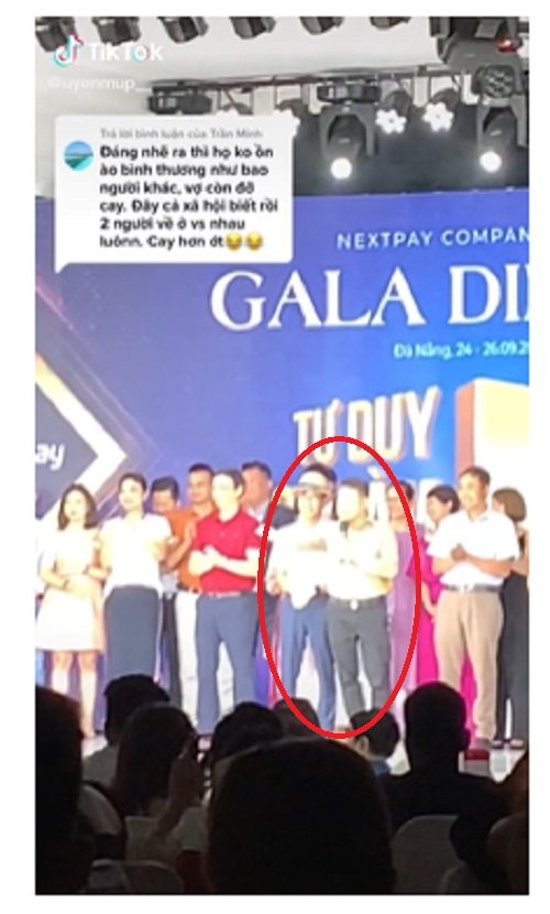 Trong lúc lên phát biểu, Shark Bình còn công khai giới thiệu Phương Oanh trước hàng trăm nhân viên. Ảnh internet