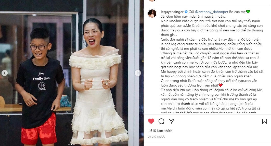 Lệ Quyên tâm sự xúc động về sự thiệt thòi của con trai khi có mẹ là người nổi tiếng. Ảnh internet