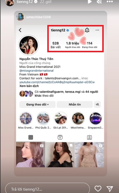 Hoa hậu Thùy Tiên báo tin vui khi Instagram đạt 1,8 triệu người theo dõi. Ảnh internet