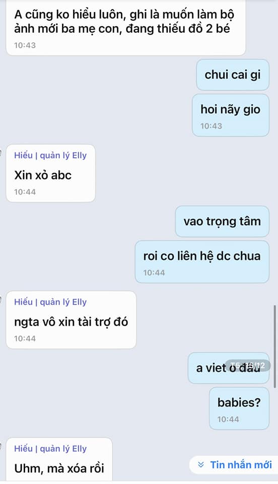 Elly Trần tung tin nhắn minh oan cho bản thân vì bị chỉ trích xin tài trợ quần áo cho 2 con. Ảnh internet Elly Trần tung tin nhắn minh oan cho bản thân vì bị chỉ trích xin tài trợ quần áo cho 2 con. Ảnh internet