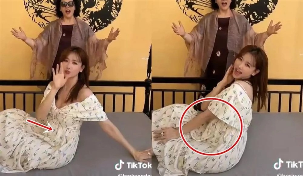 Trong một lần khác, Hari Won cũng gây hiểu lầm là mang thai vì chiếc váy lộ bụng to. Ảnh internet