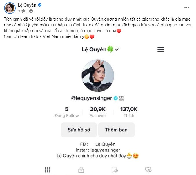 Lệ Quyên chính thức ra nhập Tiktok và thông báo về tình trạng bị giả mạo. Ảnh internet Lệ Quyên chính thức ra nhập Tiktok và thông báo về tình trạng bị giả mạo. Ảnh internet