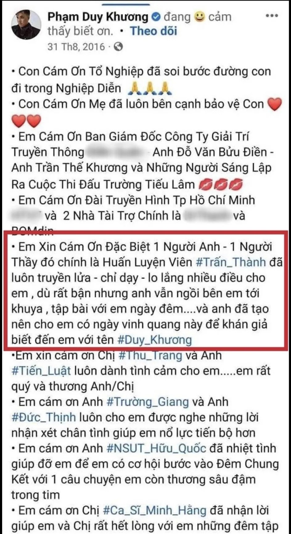 Duy Khương từng đăng tải bài viết gọi Trấn Thành là thầy. Ảnh internet