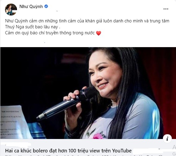 Như Quỳnh báo tin vui khi sở hữu 2 ca khúc bolero có hơn 100 triệu lượt xem. Ảnh chụp màn hình Như Quỳnh báo tin vui khi sở hữu 2 ca khúc bolero có hơn 100 triệu lượt xem. Ảnh chụp màn hình