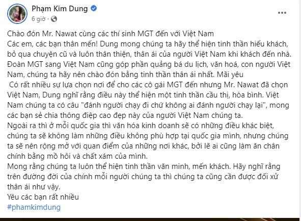 Bà trùm Hoa hậu Phạm Kim Dung cao tay nhắn nhủ đến CDM vì lo sợ sẽ có những lời lẽ không hay dành cho ông Nawat khi sang Việt Nam. Ảnh chụp màn hình Bà trùm Hoa hậu Phạm Kim Dung cao tay nhắn nhủ đến CDM vì lo sợ sẽ có những lời lẽ không hay dành cho ông Nawat khi sang Việt Nam. Ảnh chụp màn hình