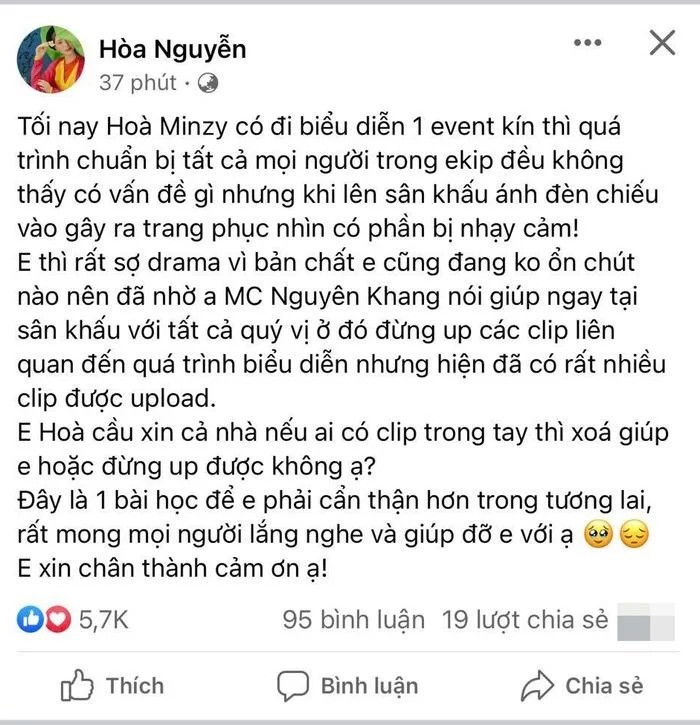 Hòa Minzy cầu xin cư dân mạng không chia sẻ đoạn clip nhạy cảm của mình. Ảnh chụp màn hình Hòa Minzy cầu xin cư dân mạng không chia sẻ đoạn clip nhạy cảm của mình. Ảnh chụp màn hình