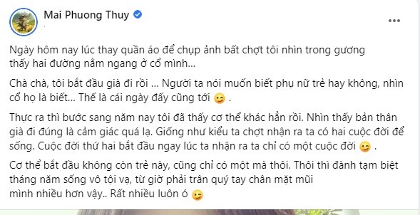 Mai Phương Thúy bất lực trước dấu hiệu lão hóa rõ rệt, thừa nhận 'sống vô tội vạ' 1 Mai Phương Thúy bất lực trước dấu hiệu lão hóa rõ rệt, thừa nhận 'sống vô tội vạ' 1