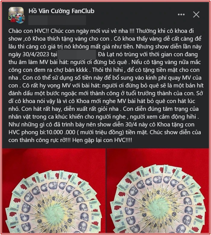 Hồ Văn Cường được fan nữ tặng tiền để đầu tư làm MV. Ảnh internet Hồ Văn Cường được fan nữ tặng tiền để đầu tư làm MV. Ảnh internet