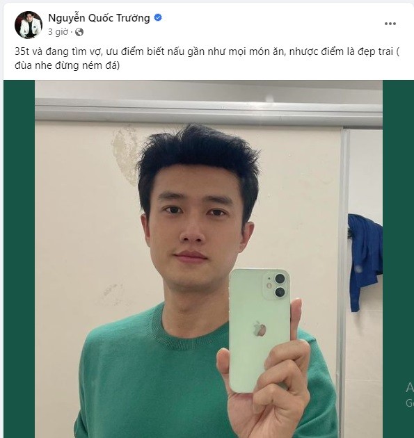 Quốc Trường đăng tin tuyển vợ nhưng vội đính chính chỉ là đùa vì sợ bị hiểu lầm. Ảnh FBNV Quốc Trường đăng tin tuyển vợ nhưng vội đính chính chỉ là đùa vì sợ bị hiểu lầm. Ảnh FBNV