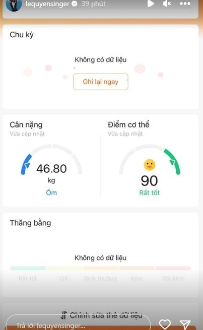 Cân nặng hiện tại của Lệ Quyên khiến fan lo lắng. Ảnh IGNV Cân nặng hiện tại của Lệ Quyên khiến fan lo lắng. Ảnh IGNV
