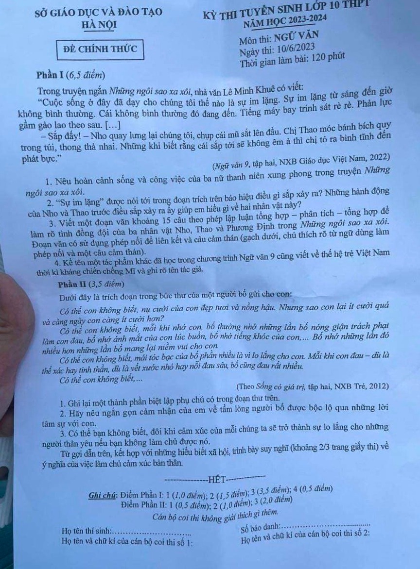 Đáp án đề thi môn Ngữ văn vào lớp 10 tại Hà Nội năm 2023 nhanh, chính xác