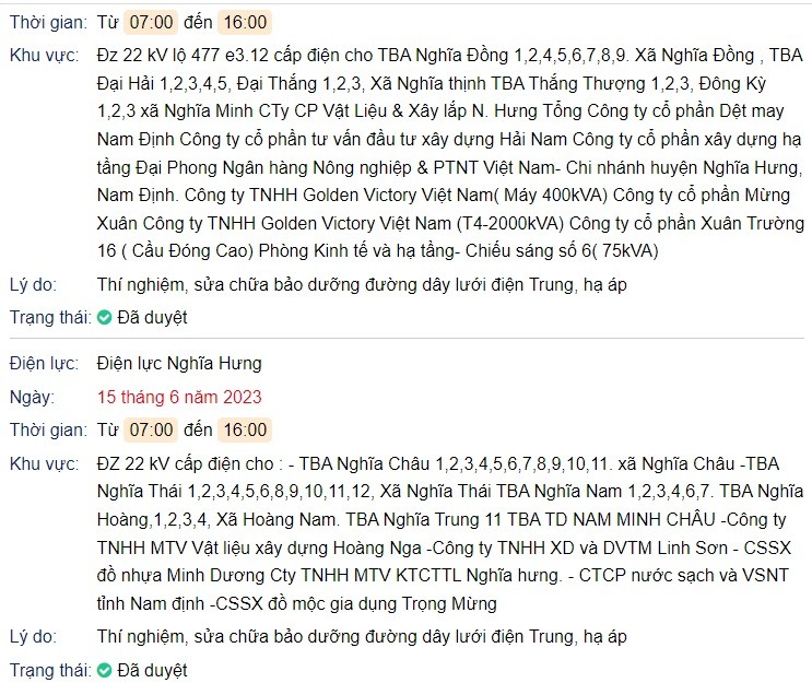 Lịch cúp điện ngày 15/6/2023 tại các tỉnh miền Bắc: Bắc Giang, Nam Định có nơi cắt điện nguyên ngày - Ảnh 4 Lịch cúp điện ngày 15/6/2023 tại các tỉnh miền Bắc: Bắc Giang, Nam Định có nơi cắt điện nguyên ngày - Ảnh 4