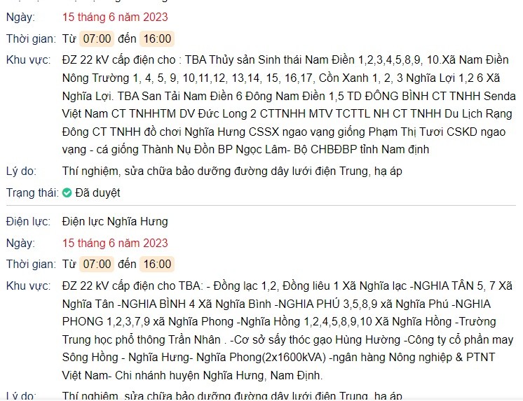 Lịch cúp điện ngày 15/6/2023 tại các tỉnh miền Bắc: Bắc Giang, Nam Định có nơi cắt điện nguyên ngày - Ảnh 2 Lịch cúp điện ngày 15/6/2023 tại các tỉnh miền Bắc: Bắc Giang, Nam Định có nơi cắt điện nguyên ngày - Ảnh 2
