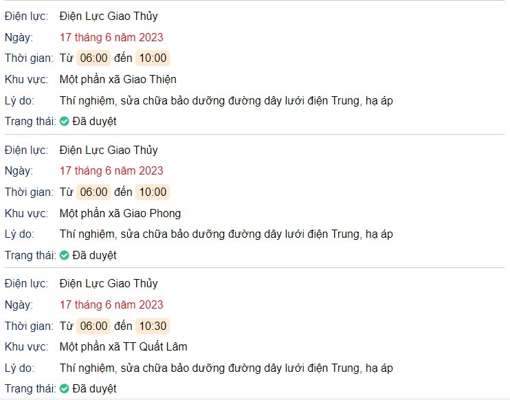 Lịch cúp điện các tỉnh miền Bắc ngày 17/6/2023: Khu vực Thái Bình, Nam Định cắt điện liên tiếp - Ảnh 4 Lịch cúp điện các tỉnh miền Bắc ngày 17/6/2023: Khu vực Thái Bình, Nam Định cắt điện liên tiếp - Ảnh 4