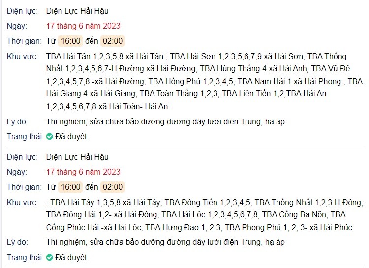 Lịch cúp điện các tỉnh miền Bắc ngày 17/6/2023: Khu vực Thái Bình, Nam Định cắt điện liên tiếp - Ảnh 3 Lịch cúp điện các tỉnh miền Bắc ngày 17/6/2023: Khu vực Thái Bình, Nam Định cắt điện liên tiếp - Ảnh 3