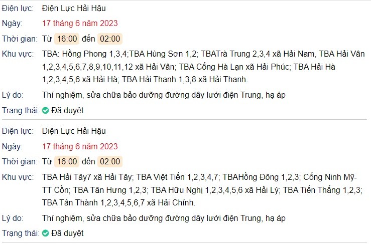 Lịch cúp điện các tỉnh miền Bắc ngày 17/6/2023: Khu vực Thái Bình, Nam Định cắt điện liên tiếp - Ảnh 2 Lịch cúp điện các tỉnh miền Bắc ngày 17/6/2023: Khu vực Thái Bình, Nam Định cắt điện liên tiếp - Ảnh 2