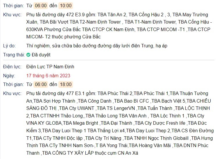 Lịch cúp điện các tỉnh miền Bắc ngày 17/6/2023: Khu vực Thái Bình, Nam Định cắt điện liên tiếp - Ảnh 1 Lịch cúp điện các tỉnh miền Bắc ngày 17/6/2023: Khu vực Thái Bình, Nam Định cắt điện liên tiếp - Ảnh 1