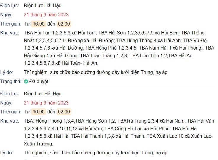 Lịch cúp điện các tỉnh miền Bắc ngày 21/6/2023: Nhiều khu vực Nam Định, Hải Phòng lưu ý - Ảnh 2 Lịch cúp điện các tỉnh miền Bắc ngày 21/6/2023: Nhiều khu vực Nam Định, Hải Phòng lưu ý - Ảnh 2