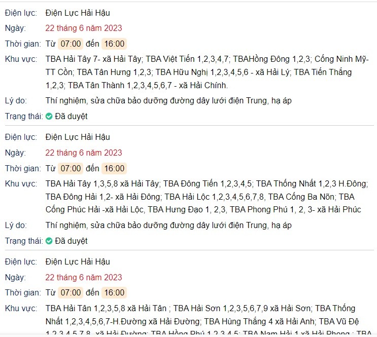Lịch cúp điện các tỉnh miền Bắc ngày 22/6/2023: Nắng nóng, nhiều khu vực Nam Định vẫn cắt nguyên ngày - Ảnh 1 Lịch cúp điện các tỉnh miền Bắc ngày 22/6/2023: Nắng nóng, nhiều khu vực Nam Định vẫn cắt nguyên ngày - Ảnh 1