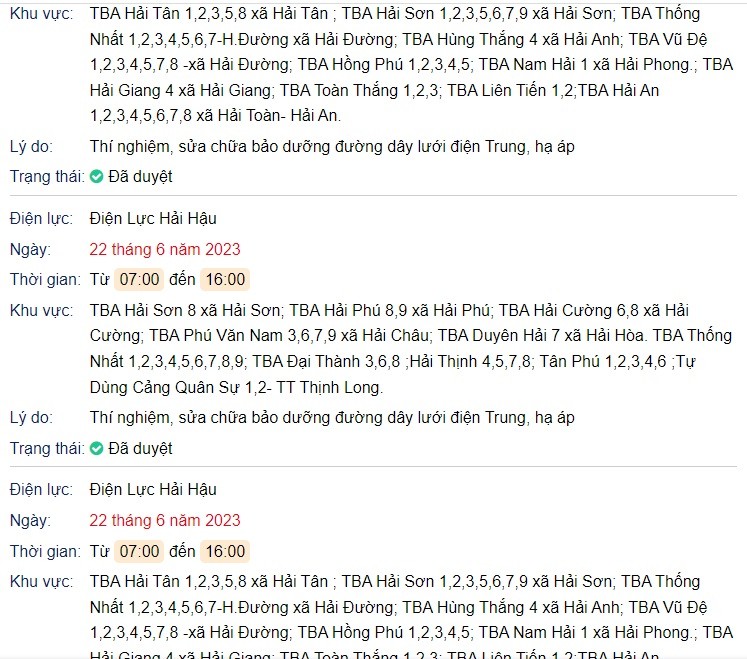 Lịch cúp điện các tỉnh miền Bắc ngày 22/6/2023: Nắng nóng, nhiều khu vực Nam Định vẫn cắt nguyên ngày - Ảnh 2 Lịch cúp điện các tỉnh miền Bắc ngày 22/6/2023: Nắng nóng, nhiều khu vực Nam Định vẫn cắt nguyên ngày - Ảnh 2