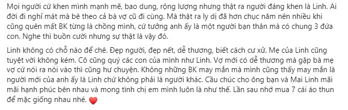 Vợ cũ Bằng Kiều dành nhiều lời khen cho vợ mới của nam ca sĩ. Ảnh chụp màn hình Vợ cũ Bằng Kiều dành nhiều lời khen cho vợ mới của nam ca sĩ. Ảnh chụp màn hình