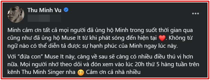 Thu Minh gửi lời cảm ơn khán giả đã ủng hộ mình. Ảnh chụp màn hình Thu Minh gửi lời cảm ơn khán giả đã ủng hộ mình. Ảnh chụp màn hình