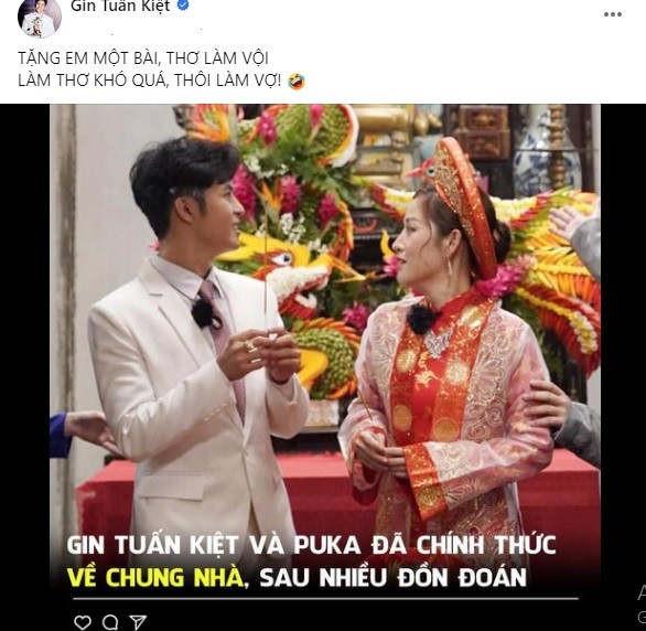 Gin Tuấn Kiệt ngỏ ý muốn làm chồng Puka. Ảnh FBNV Gin Tuấn Kiệt ngỏ ý muốn làm chồng Puka. Ảnh FBNV
