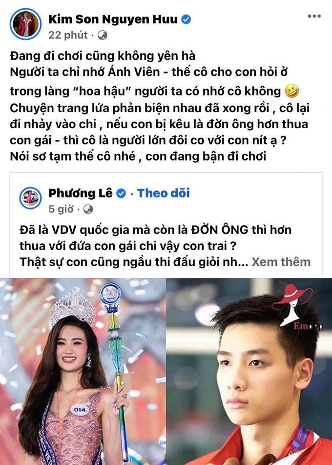 Trước đó, kình ngư Kim Sơn và Hoa hậu Phương Lê đã có màn khẩu chiến trên MXH. Ảnh internet Trước đó, kình ngư Kim Sơn và Hoa hậu Phương Lê đã có màn khẩu chiến trên MXH. Ảnh internet