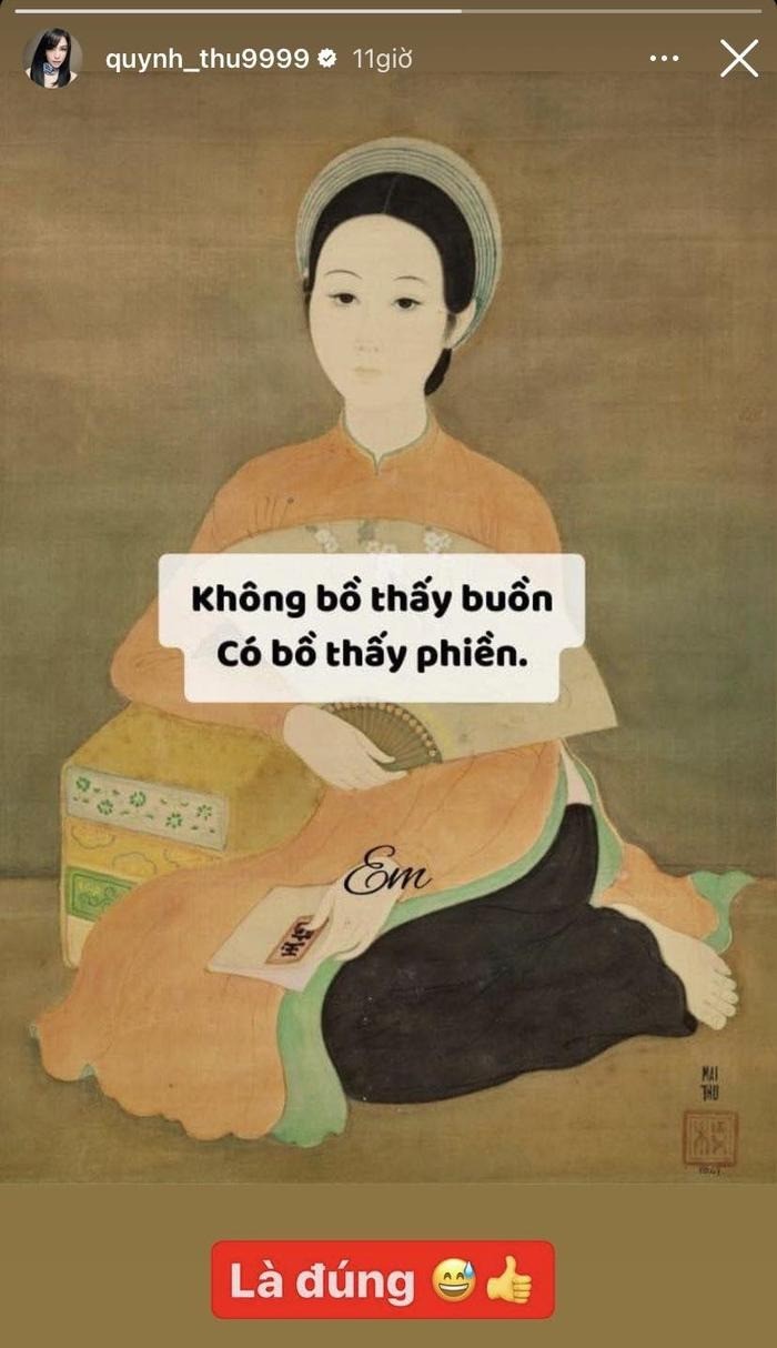 Quỳnh Thư bỗng dưng thừa nhận chuyện có bồ cũng rất là phiền giữa lúc xảy ra ồn ào với Diệp Lâm Anh và doanh nhân Nghiêm Đức. Ảnh FBNV Quỳnh Thư bỗng dưng thừa nhận chuyện có bồ cũng rất là phiền giữa lúc xảy ra ồn ào với Diệp Lâm Anh và doanh nhân Nghiêm Đức. Ảnh FBNV
