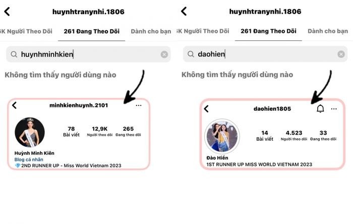 Hoa hậu Ý Nhi không theo dõi Á hậu Đào Hiền và Á hậu Minh Kiên. Ảnh IGNV Hoa hậu Ý Nhi không theo dõi Á hậu Đào Hiền và Á hậu Minh Kiên. Ảnh IGNV