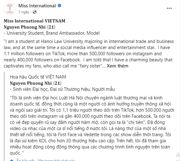 Tranh cãi bài đăng về Á hậu Phương Nhi trên trang chính thức của Hoa hậu Quốc tế - Ảnh 1 Tranh cãi bài đăng về Á hậu Phương Nhi trên trang chính thức của Hoa hậu Quốc tế - Ảnh 1