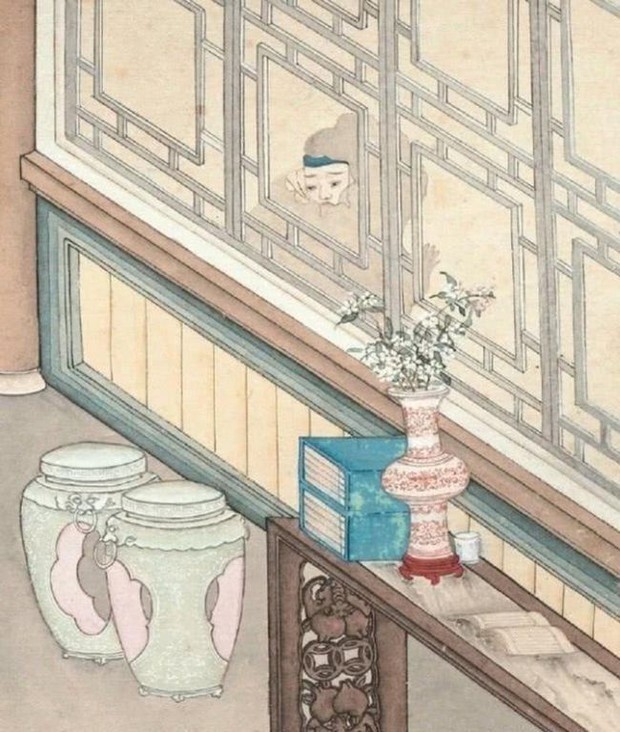 Ánh mắt kinh hãi của Vương Sinh được tác giả khắc họa trong bức tranh 'Nhòm cửa thấy quỷ'. Ảnh internet