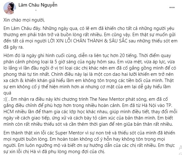 Lâm Châu gửi lời xin lỗi sau khi bị chỉ trích. Ảnh FBNV