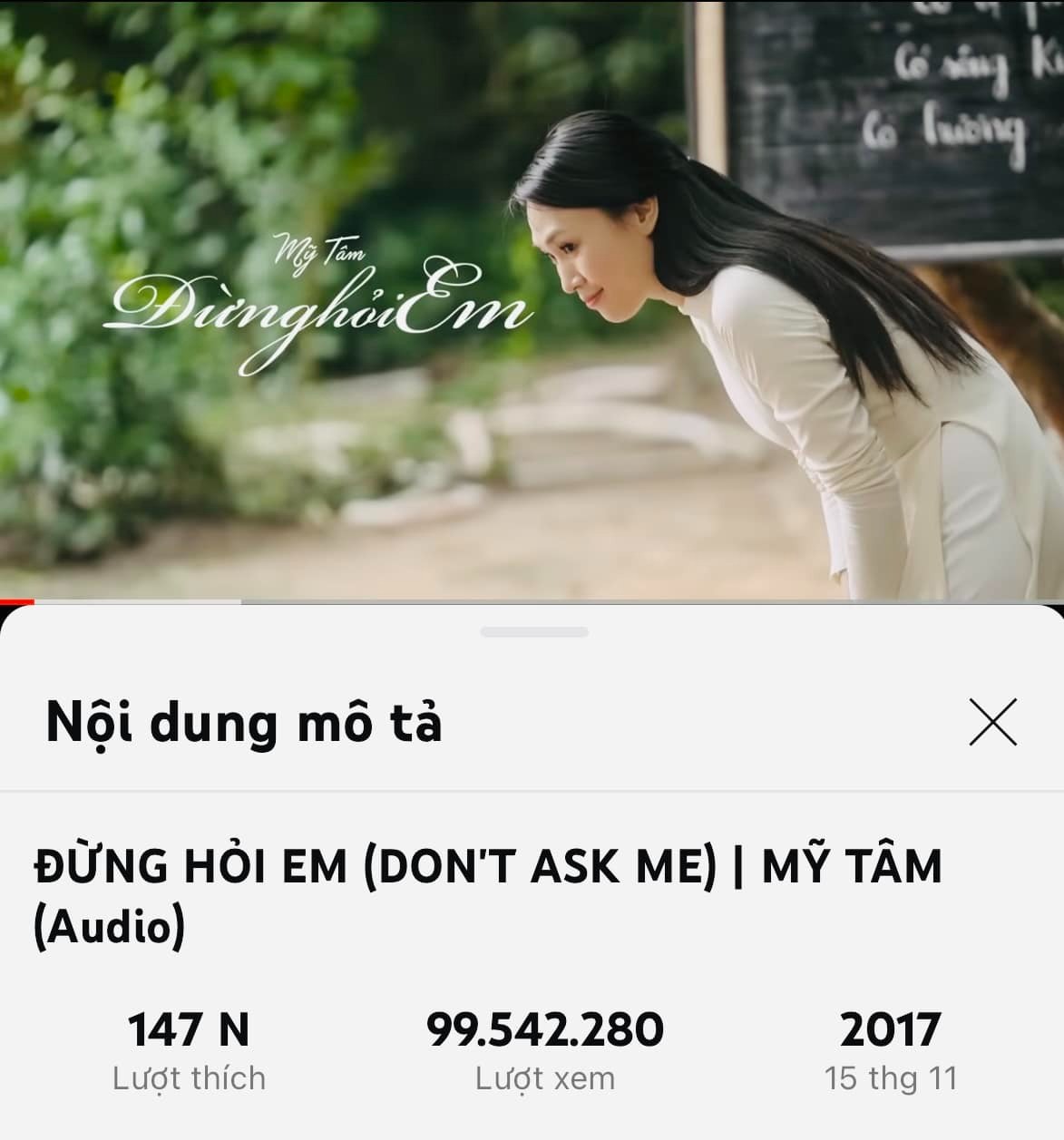 Mỹ Tâm báo tin vui khi MV đóng cùng Mai Tài Phến sắp cán mốc 100 triệu view. Ảnh FBNV