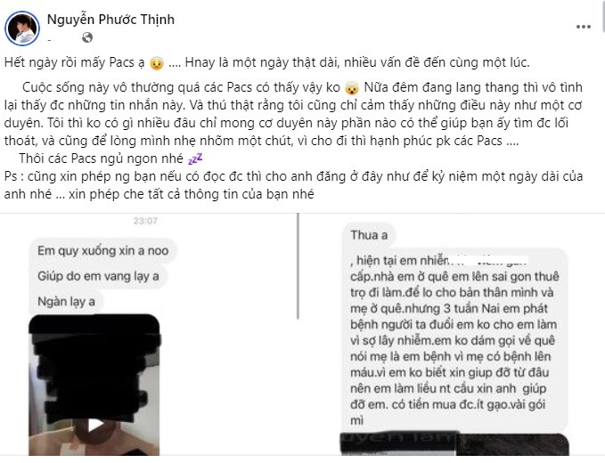 Noo Phước Thịnh chia sẻ về một hoàn cảnh khó khăn. Ảnh FBNV Noo Phước Thịnh chia sẻ về một hoàn cảnh khó khăn. Ảnh FBNV
