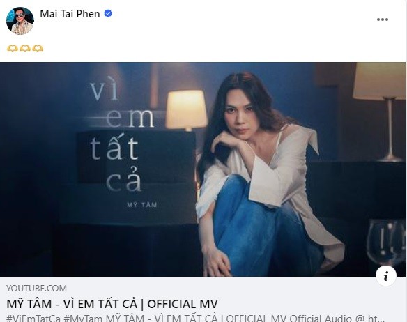 Mai Tài Phến tiếp tục công khai thể hiện sự quan tâm đến Mỹ Tâm. Ảnh FBNV Mai Tài Phến tiếp tục công khai thể hiện sự quan tâm đến Mỹ Tâm. Ảnh FBNV