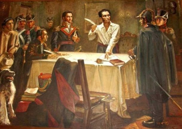Người giải phóng Simón Bolívar ký 'Sắc lệnh chiến tranh đến chết'. Người giải phóng Simón Bolívar ký 'Sắc lệnh chiến tranh đến chết'.